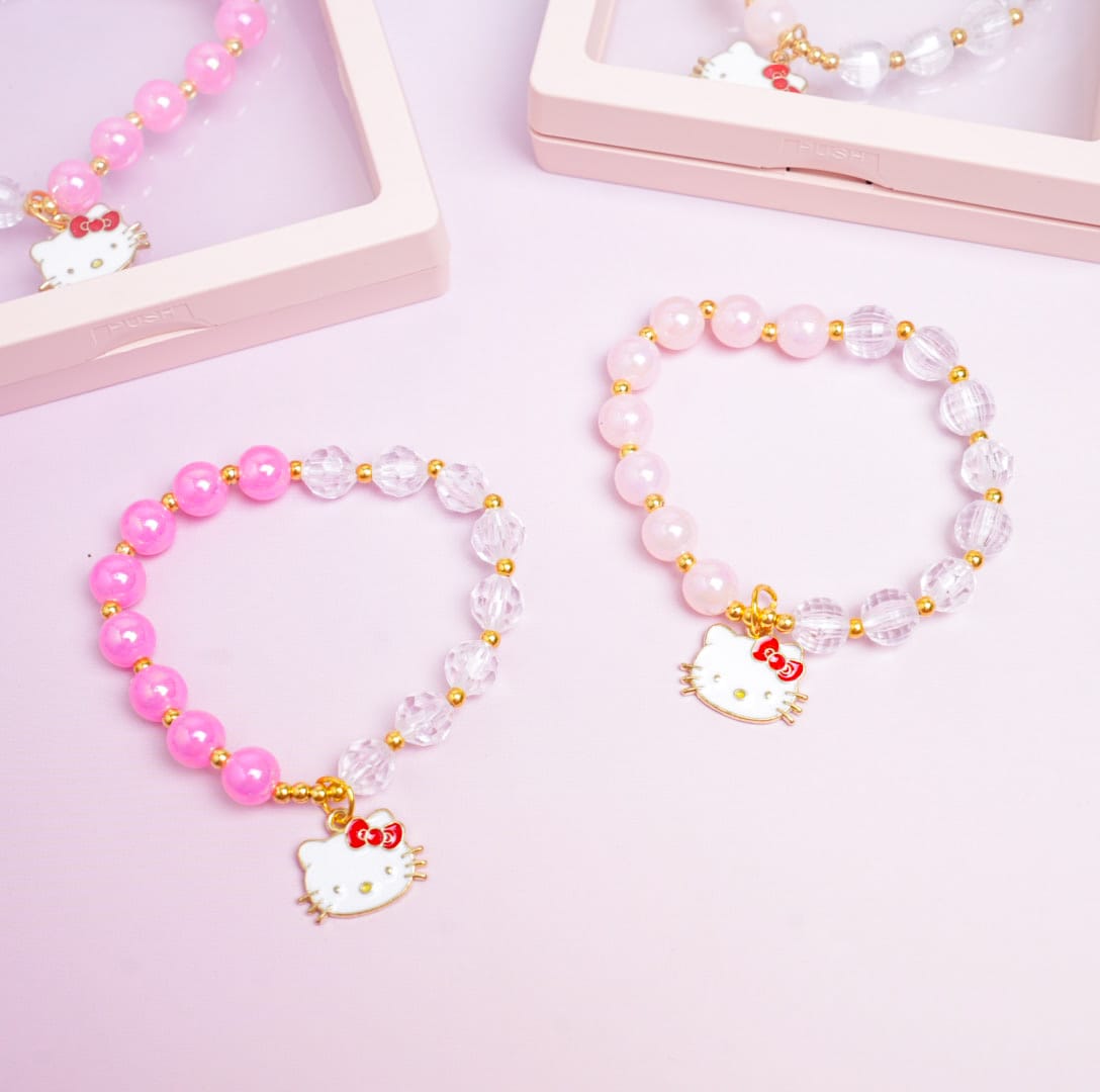 Bow White Cat Face Charm Beaded Pink Pearls - Bracelet