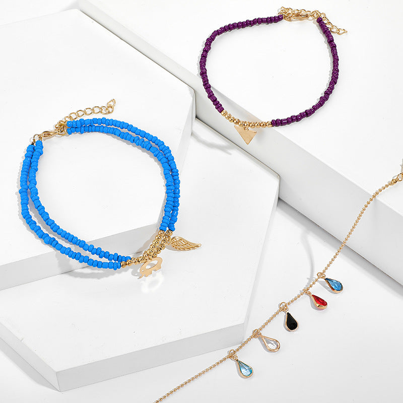 Blue Beads   Gold   - Anklet Set Of 4