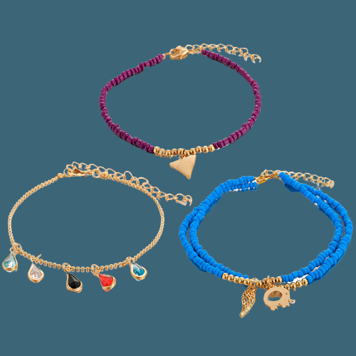 Blue Beads   Gold   - Anklet Set Of 4