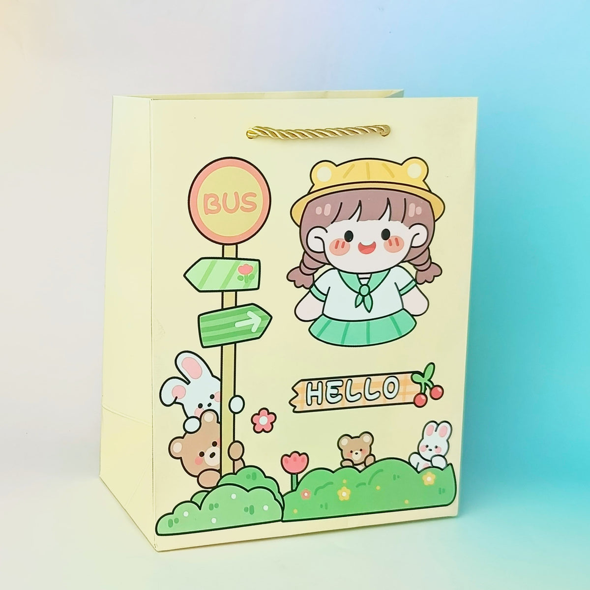 Hello Kawai Girl &amp; Animals Pale Yellow - Gift Bag