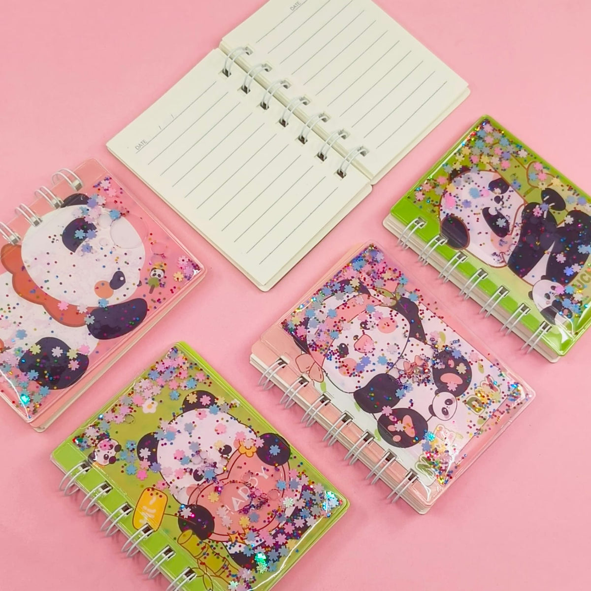 Cute Panda Glitter Water Mini Spiral Notebook - Journal