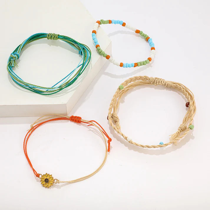 Multi Beads & Sunflower - Bracelet Set Of 4