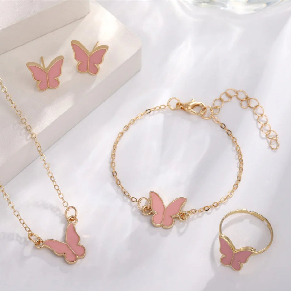 Pink  Butterfly Gold  - Jewelry Set Of 4