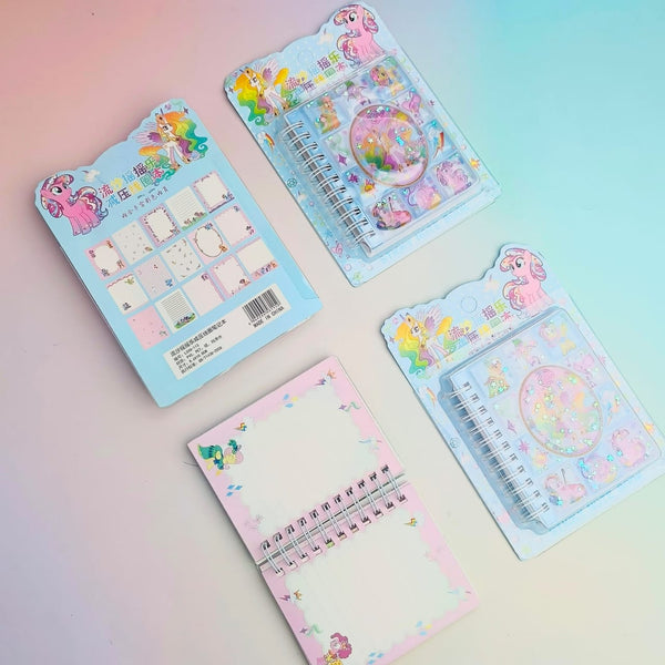Unicorn Pony  - Glitter Water Filled Blue Spiral - Sticky Note Book