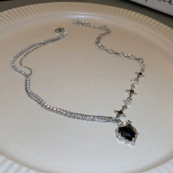 Black Heart Sparkle Chain Silver - Necklace