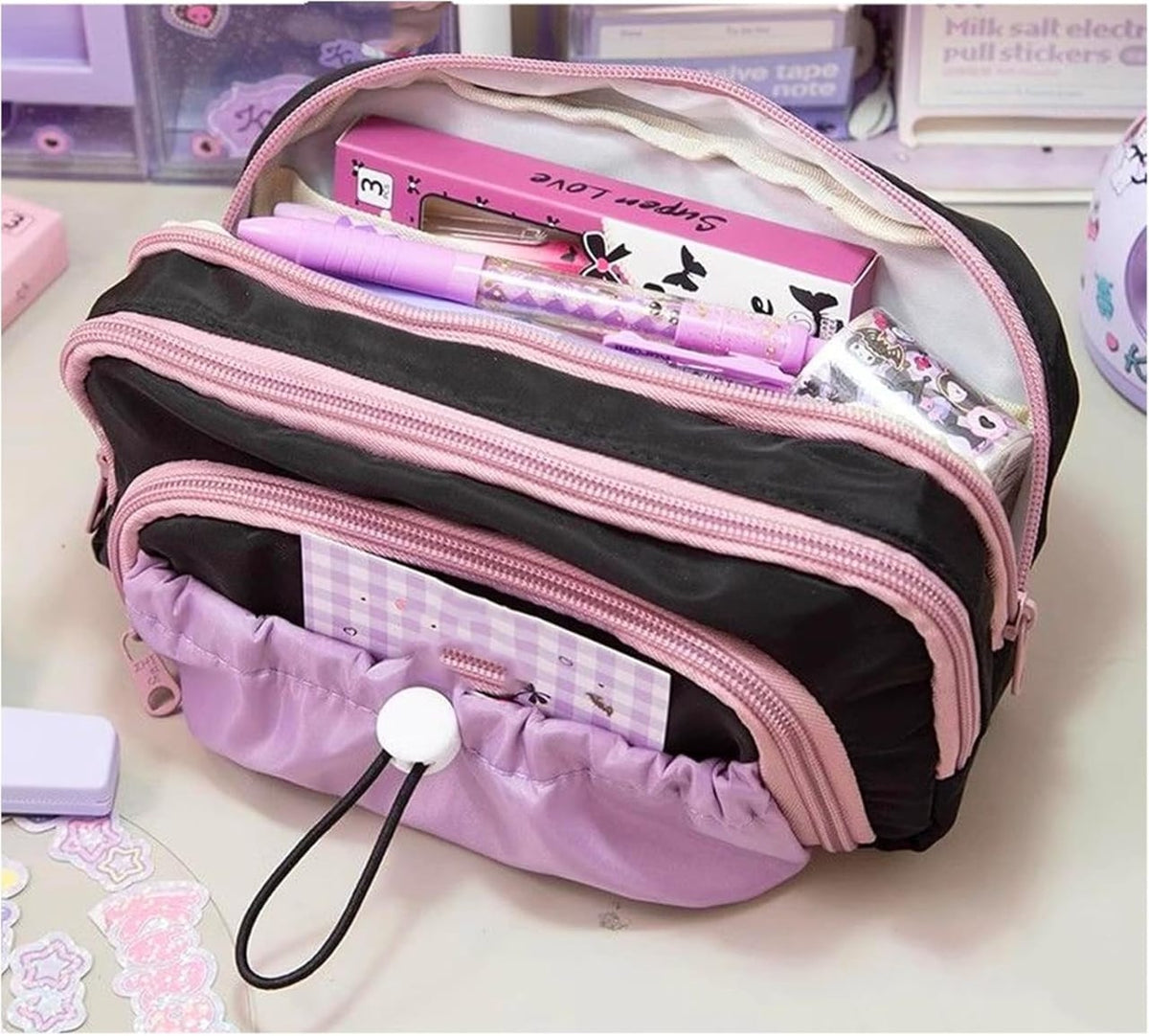 Purple &amp; Black  Large Capacity - 3 Zip Pouch