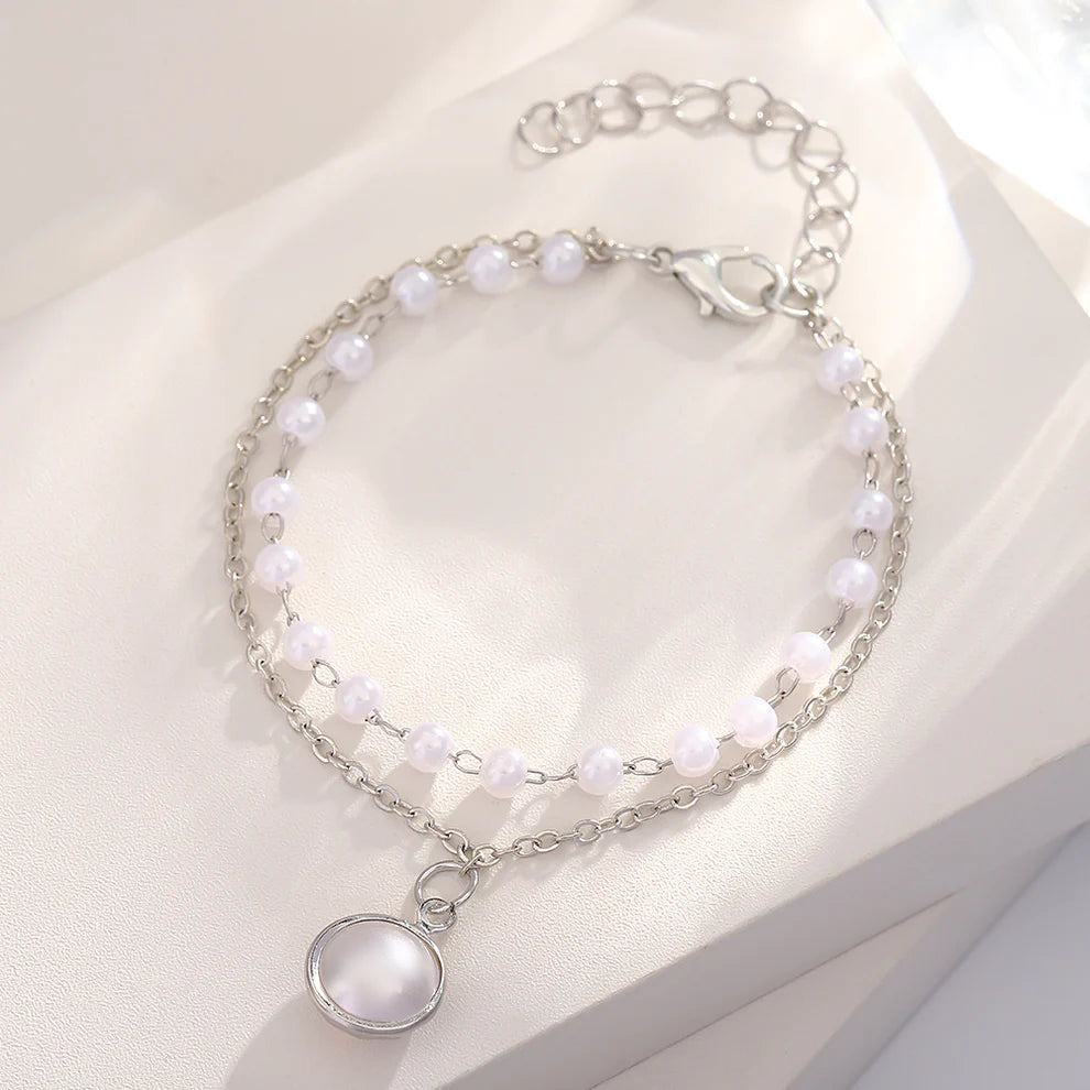 White Pearl Silver Chain  - Bracelet Set