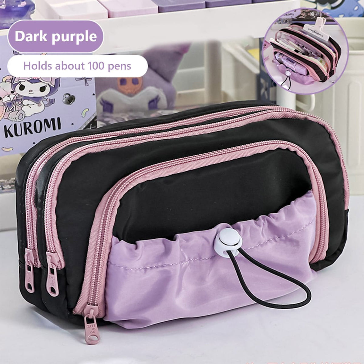 Purple &amp; Black  Large Capacity - 3 Zip Pouch