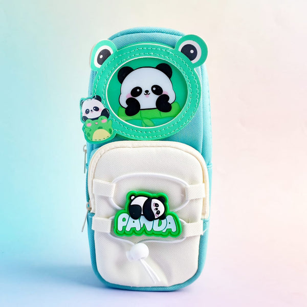 Cute Panda Turquoise Green 2 Zipper - Large Pouch