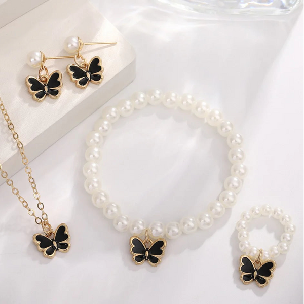 Black Butterfly & Pearl Beads - Jewelry Set