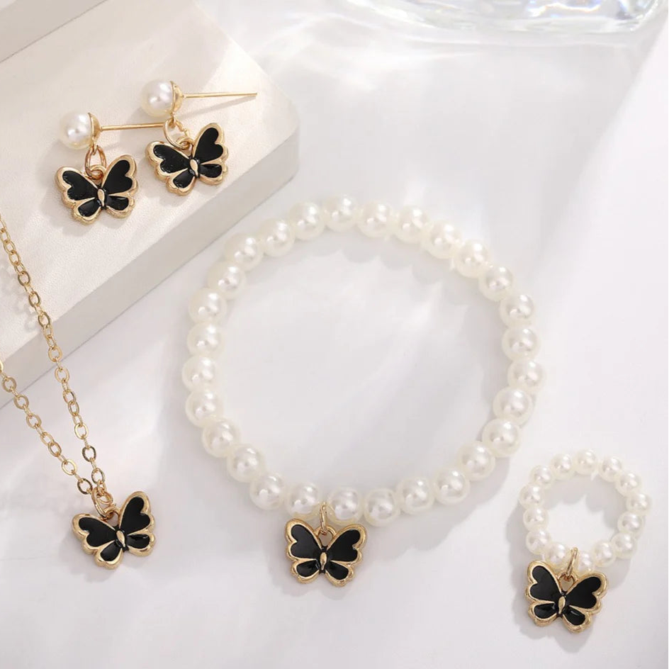 Black Butterfly & Pearl Beads - Jewelry Set