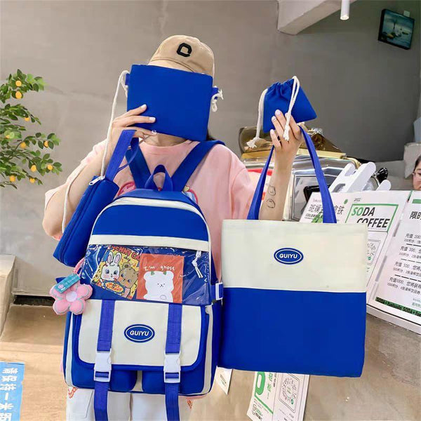 Navy Blue & Off White - Backpack Set Of 5