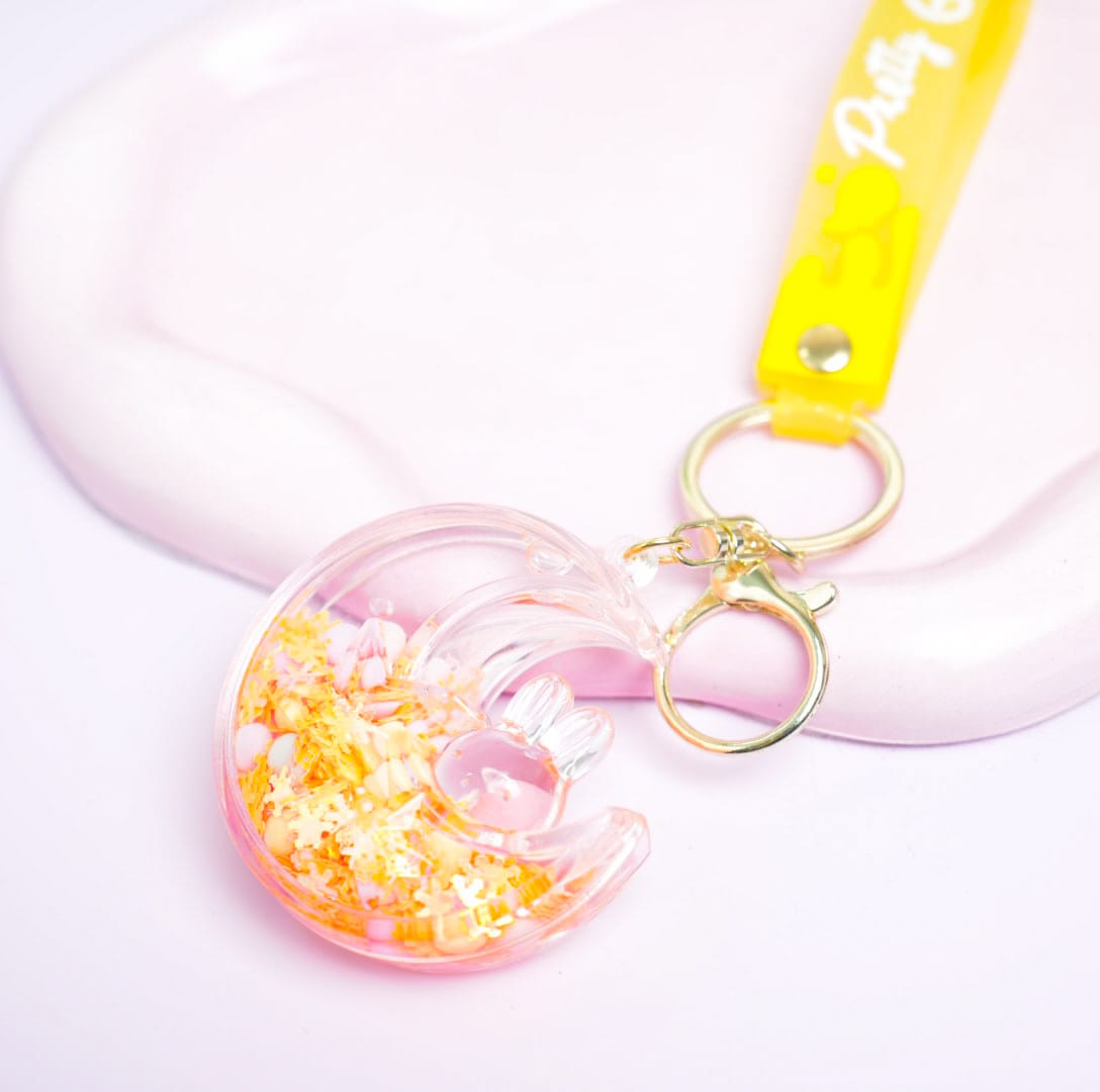 Bunny On Moon Glitter Water - Gold  Key Ring