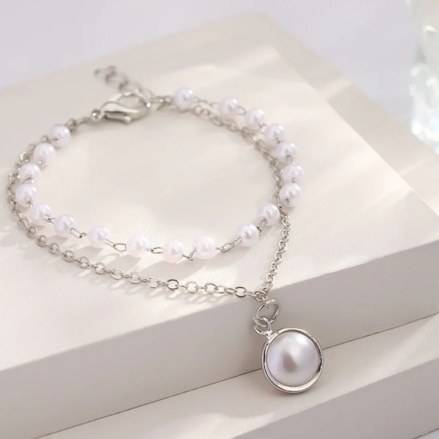 White Pearl Silver Chain  - Bracelet Set