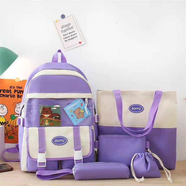 Purple & Off White - Backpack Set Of 5