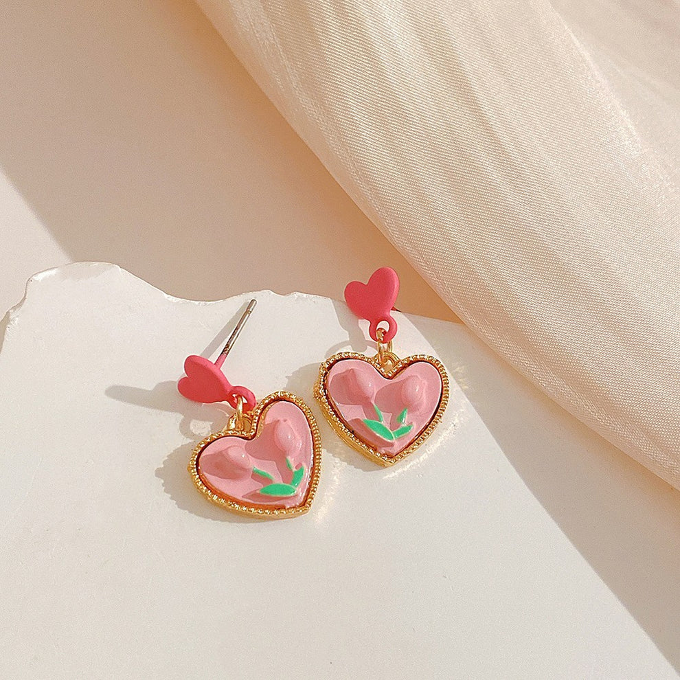 Heart Pink Tulip Flower Gold - Earrings