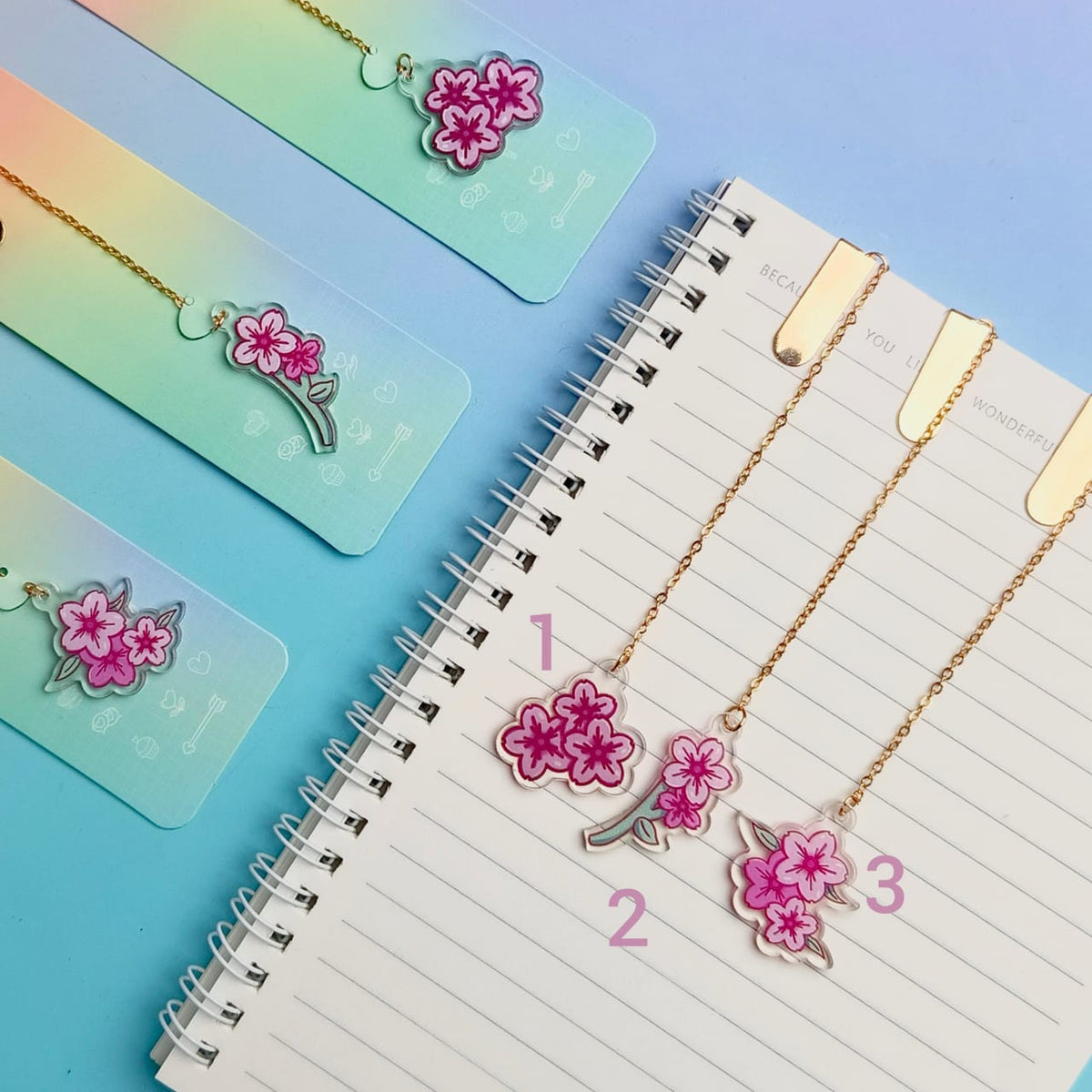 Pink Flowers Gold Foil - Dangling  Bookmark