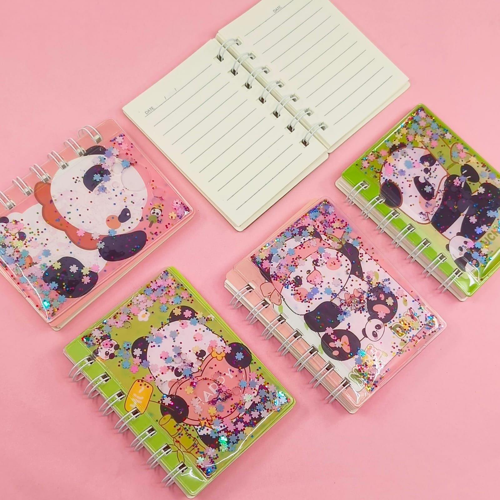 Cute Panda Glitter Water Mini Spiral Notebook - Journal