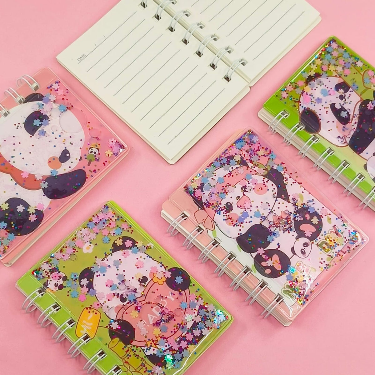 Cute Panda Glitter Water Mini Spiral Notebook - Journal