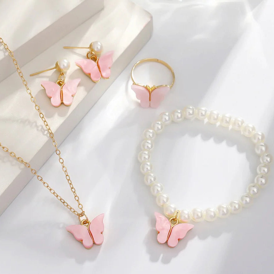 Pink Butterfly Pearl Gold - Jewelry Set