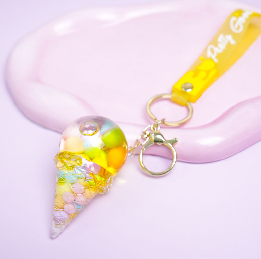 Ice Cream Cone  Glitter Water - Gold  Key Ring