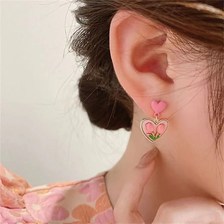 Heart Pink Tulip Flower Gold - Earrings