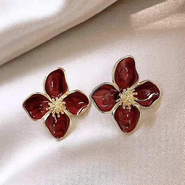 Enameled Maroon Flower Gold - Earrings