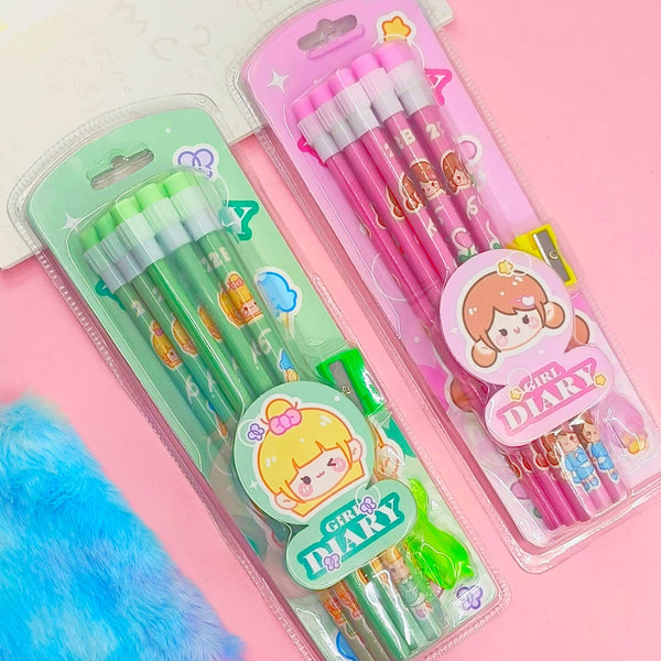 Girl Diary Pink & Green - Stationery Set