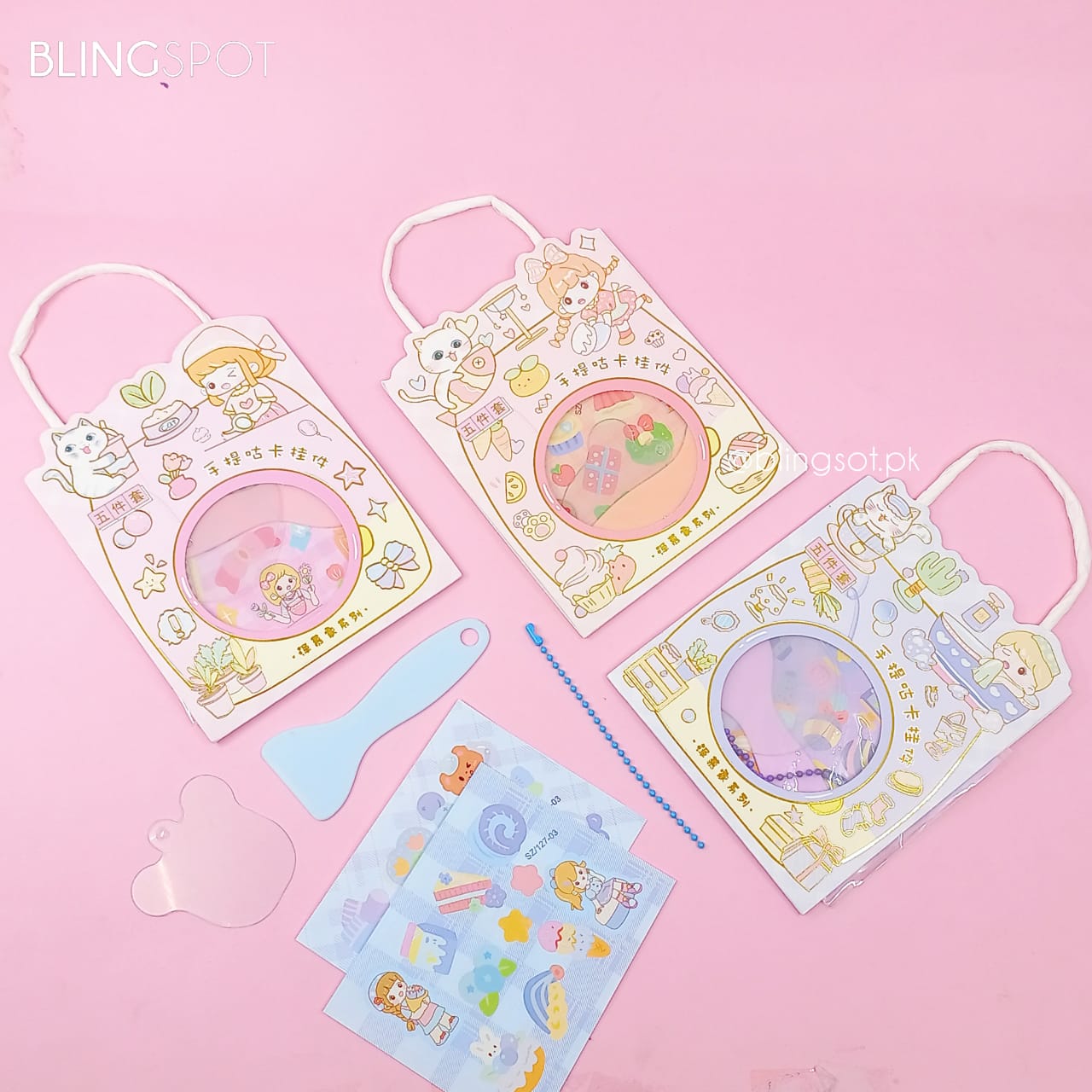 Kawai Cat & Girl Gold Foil Stickers Diy Keychain Kit - Style 2