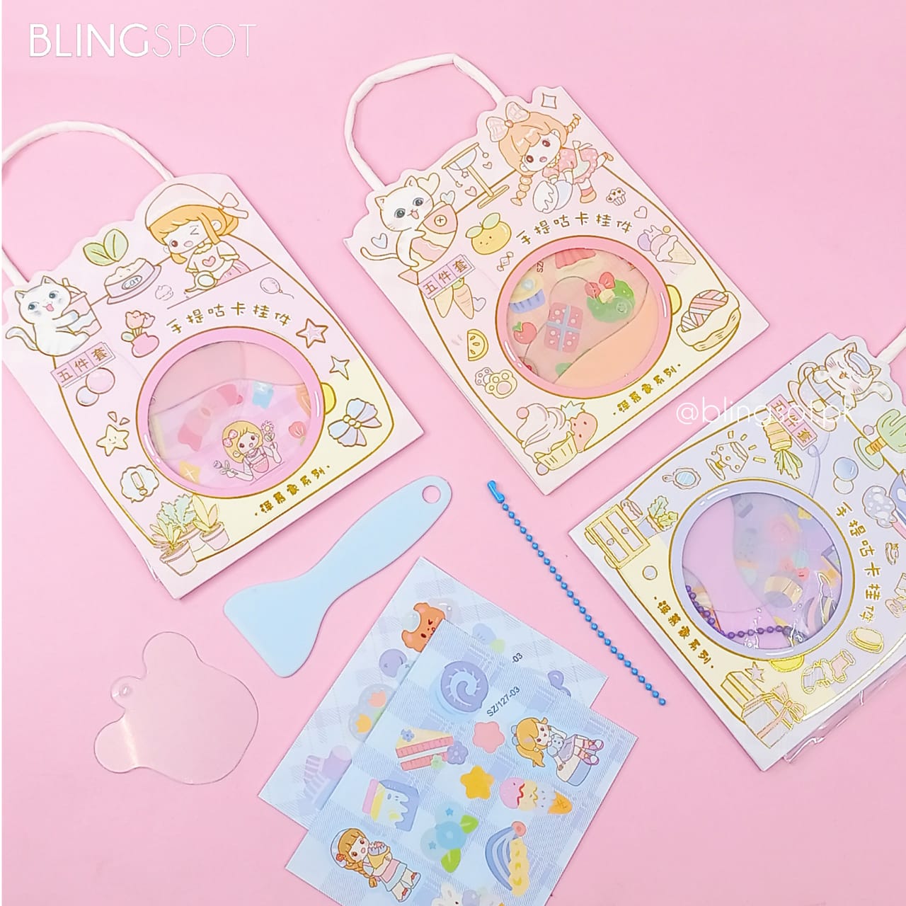 Kawai Cat & Girl Gold Foil Stickers Diy Keychain Kit - Style 2