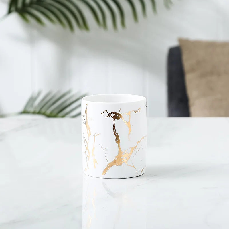 Gold Foil Marbled Ceramic White - Planter