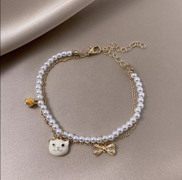 Cat Bow Fancy Pearl Charms - Bracelet