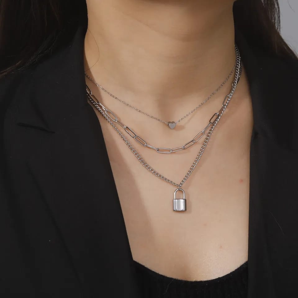 Layered Silver Lock - Necklace