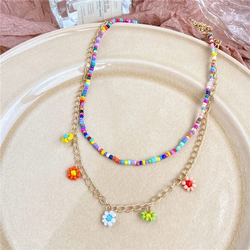 Layered Beads &amp; Multi Flower - Necklace