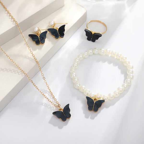 Black Butterfly Pearl Gold  - Jewelry Set