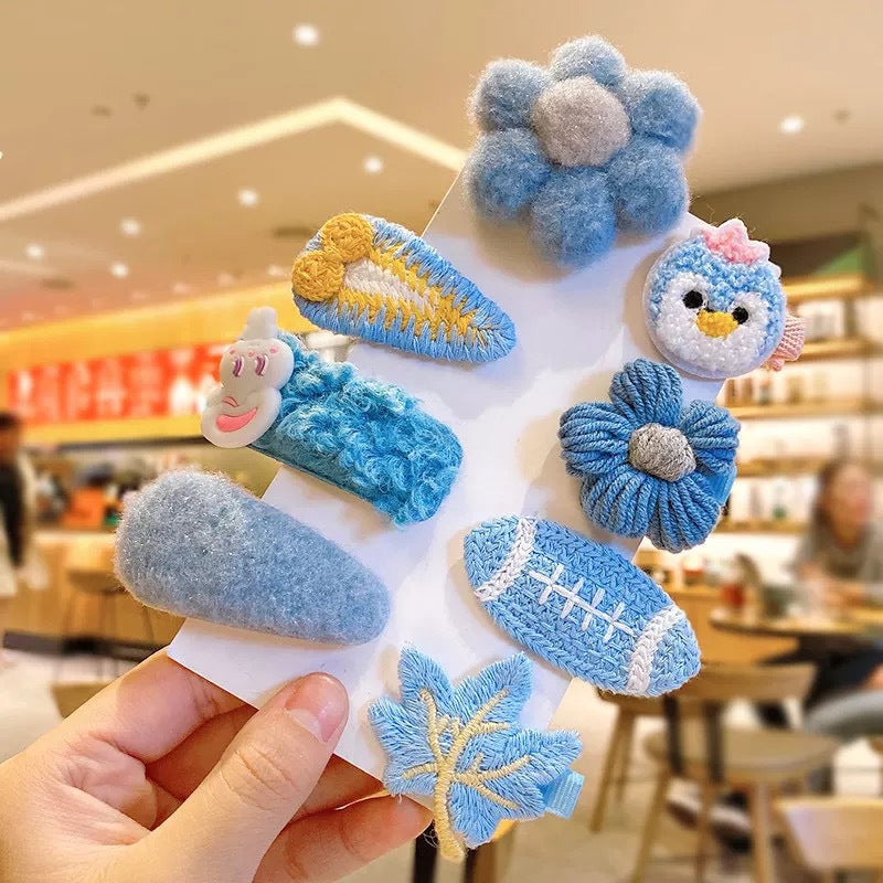 Macaron Blue Fluffy Flowers &amp; Mixed -  Hair Clip Set Of 8