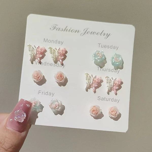 Pastel Pink Color Flower & Butterfly - Ear Studs Set Of 6