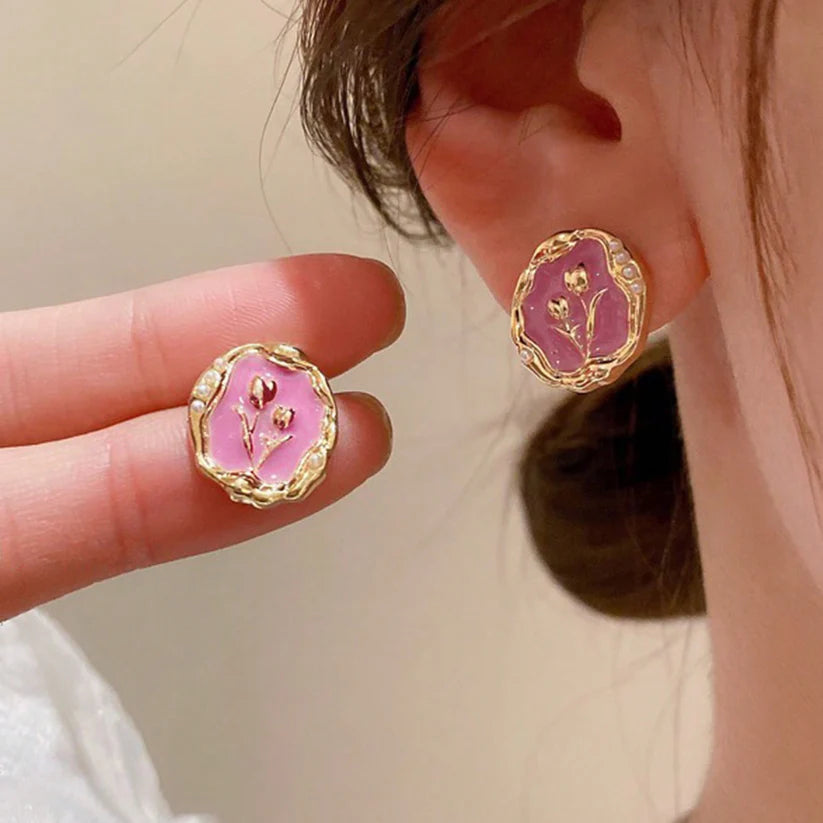 Gold Flower Pink Round  - Earring