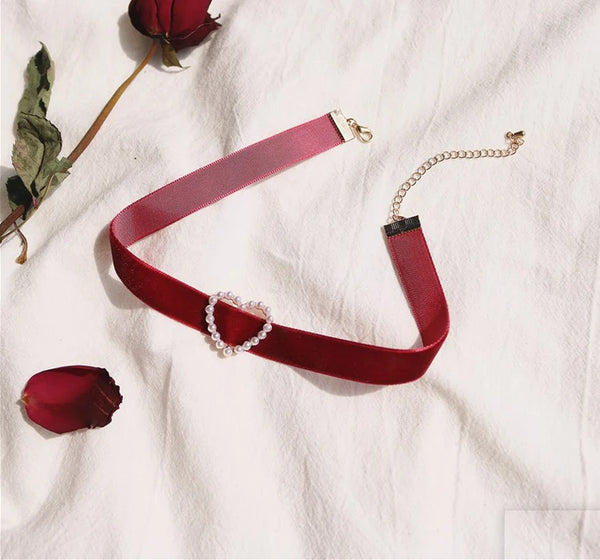 Maroon Velvet Neck Heart - Necklace