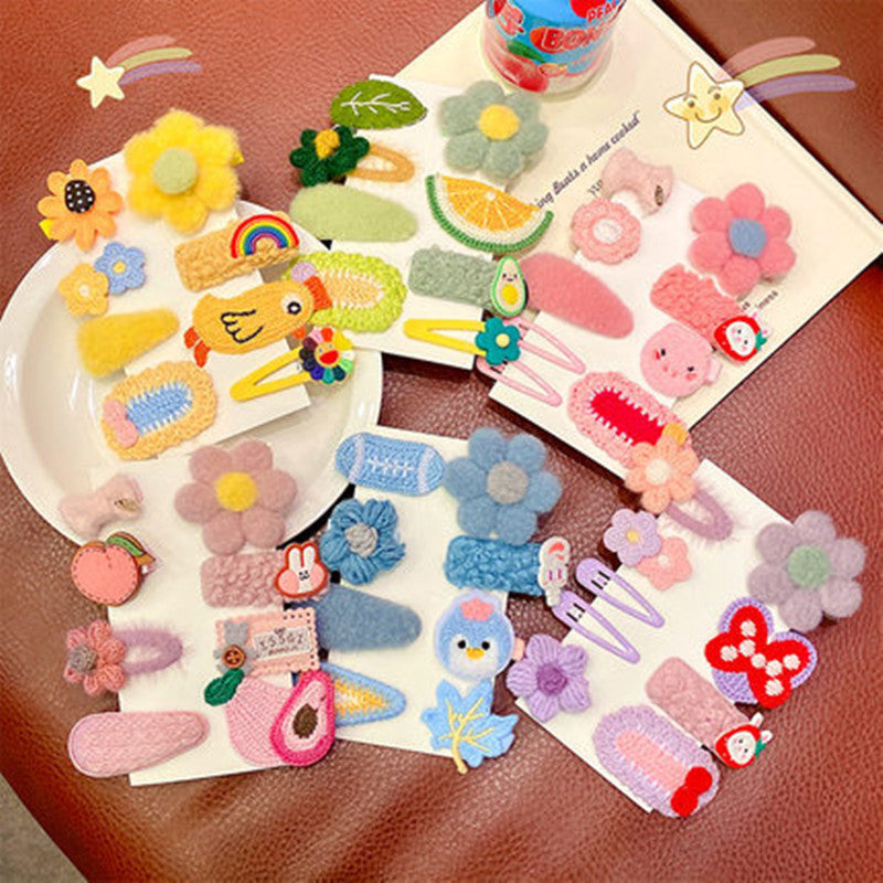 Macaron Blue Fluffy Flowers &amp; Mixed -  Hair Clip Set Of 8