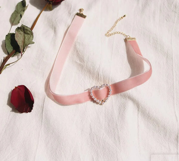 Pink Velvet Neck Heart - Necklace