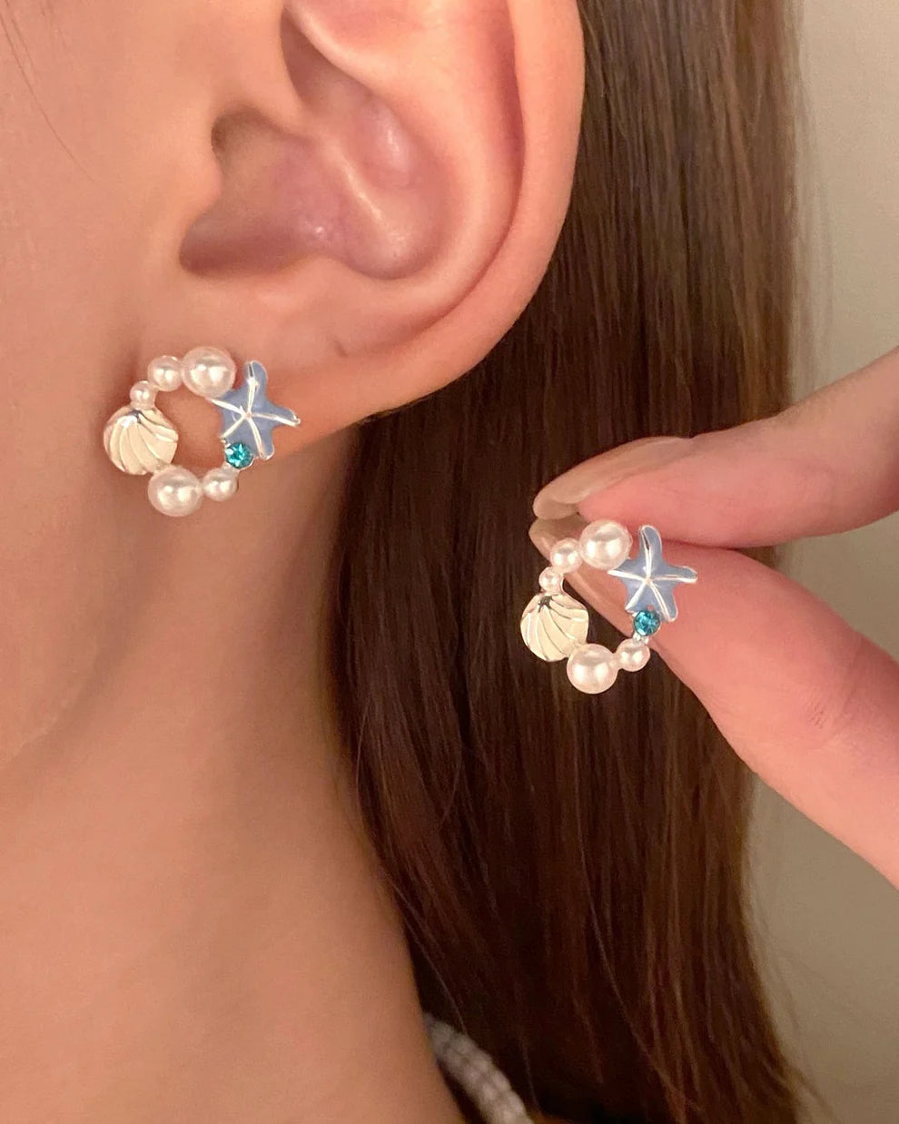 Pearl Star Fish & Sea Shell - Earring