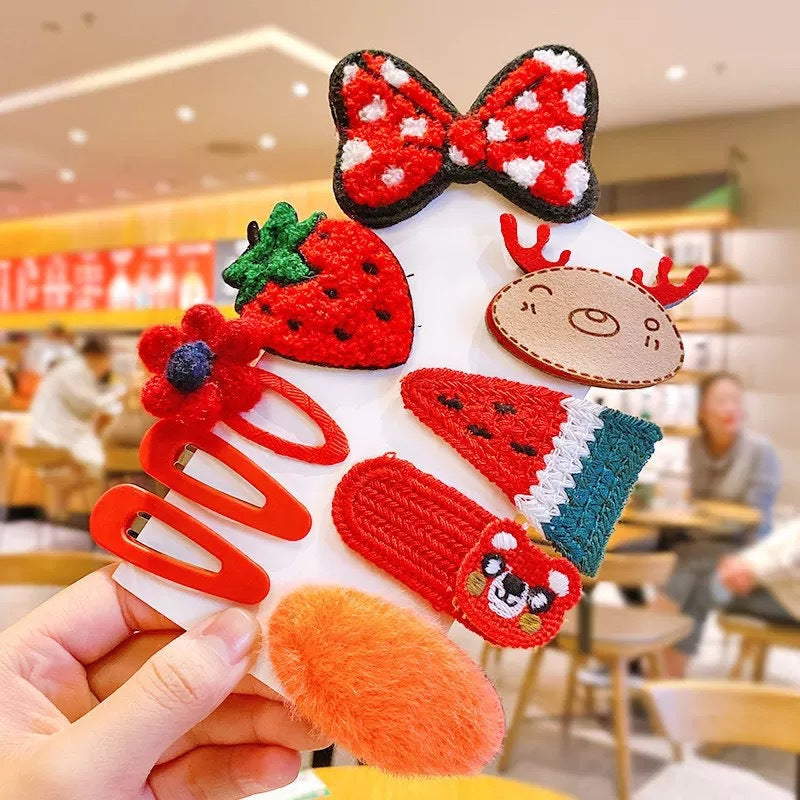 Fluffy Red Bow &amp; Mixed -  Hair Clip Set Of 8