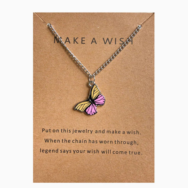 Pink & Yellow Butterfly Silver - Necklace