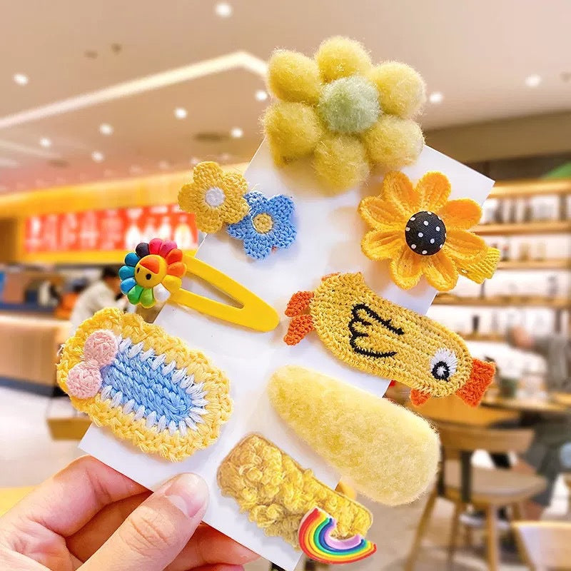 Yellow Fluffy Flowers &amp; Mixed -  Hair Clip Set Of 8