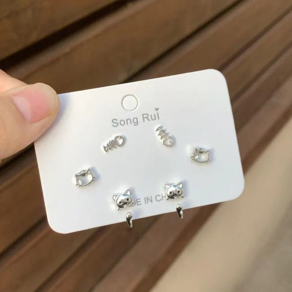 Silver Cat & Fish - Ear Studs Set Of 3