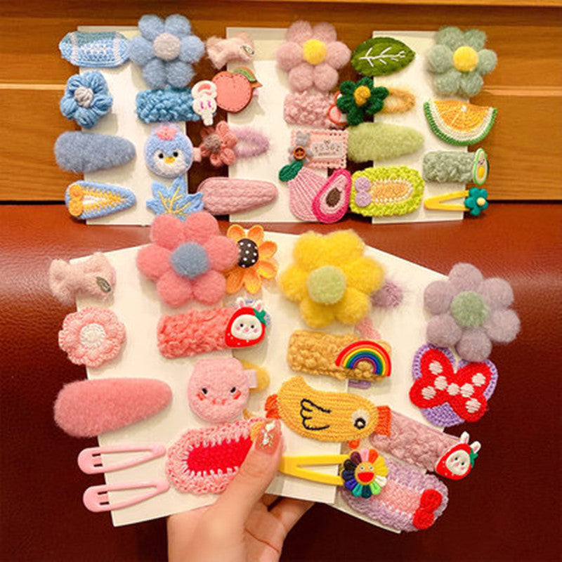 Macaron Blue Fluffy Flowers &amp; Mixed -  Hair Clip Set Of 8