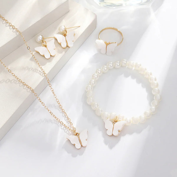 White Butterfly Pearl Gold  - Jewelry Set