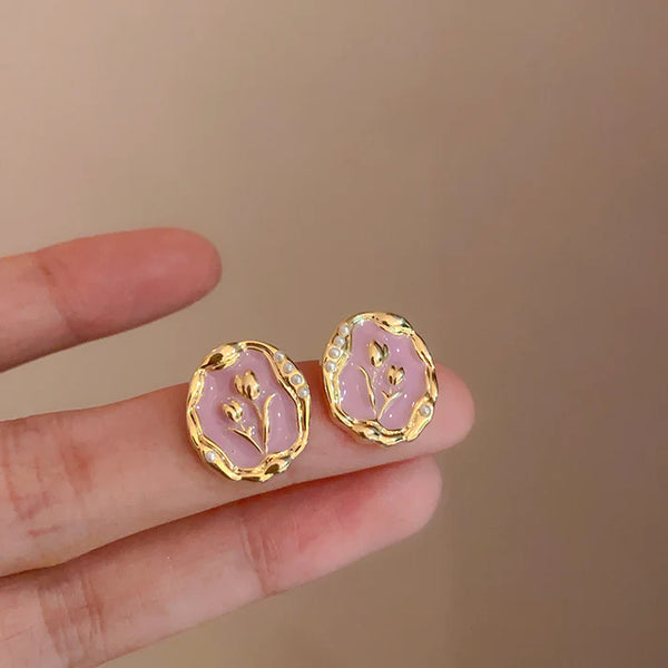 Gold Flower Pink Round  - Earring