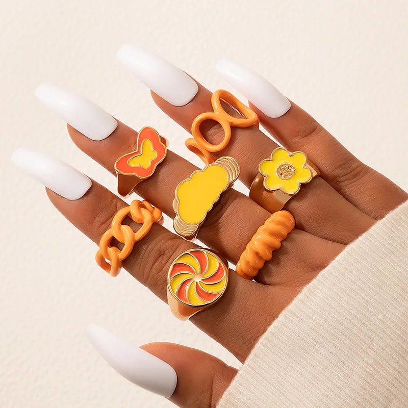 Orange & Yellow Enameled Gold - Rings Set